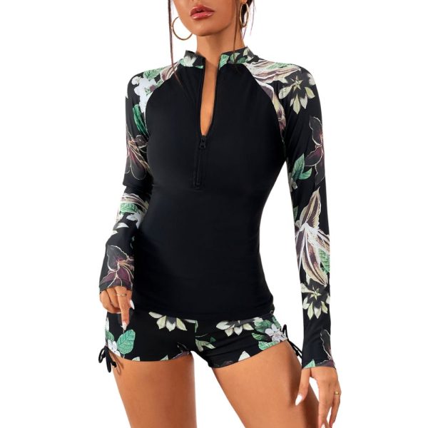 Women 2-Piece Swimwear Rash Guard UPF50+ • Tropical Black