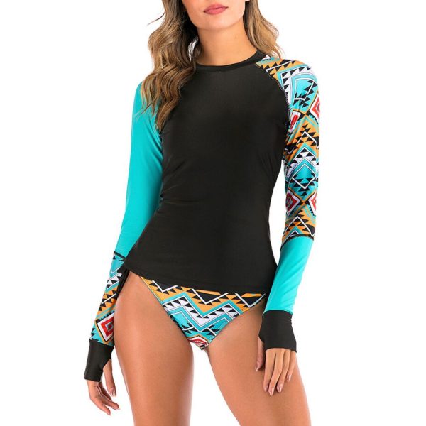 Women 2-Piece Swimwear Rash Guard UPF50+ • Turquoise Tribal Scuba