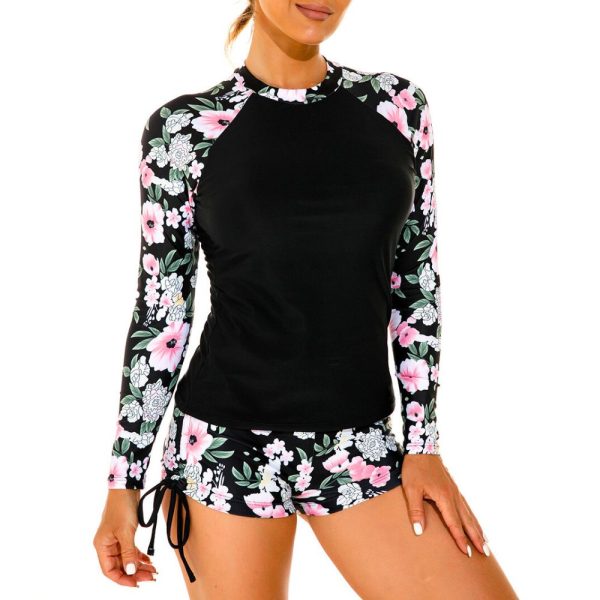 Women 2-Piece Swimwear Rash Guard UPF50+ • Floral Black