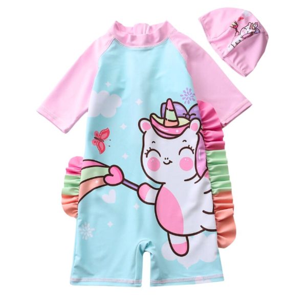 Girls 1-Piece Swimwear Rash Guard UPF 50+ with Sun Cap • Cute Unicorn