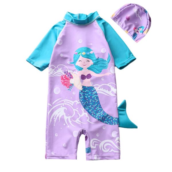 Girls 1-Piece Swimwear Rash Guard UPF 50+ with Sun Cap • Purple Mermaid