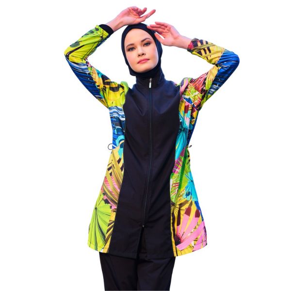 4 Piece Burkini Set • Waterproof Fabric • Black Tropical