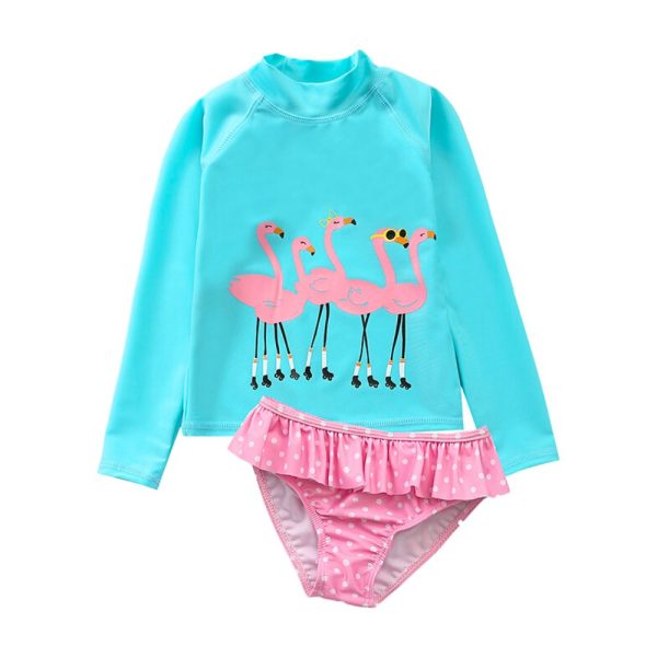 Girls 2-Piece Swimwear Rash Guard UPF 50+ • Skating Flamingos