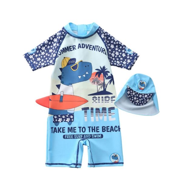 Boys 1-Piece Swimwear Rash Guard UPF 50+ with Flap Cap • Surf Dino