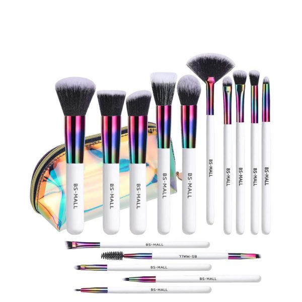 15PC RAINBOW WHITE MAKEUP BRUSH SET • WITH HOLOGRAPHIC BAG