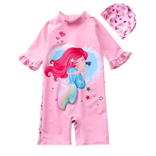 Girls 1-Piece Swimwear Rash Guard UPF 50+ with Sun Cap • Adorable Mermaid